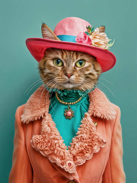 A highly detailed and whimsical illustration of an anthropomorphic cat. The cat is dressed in a sophisticated and stylish outfit. It wears a peach-colored coat with a fluffy, textured collar and matching fabric roses. Underneath the coat, the cat has a teal blouse adorned with a gold necklace featuring a pink pendant.

The cat’s head is topped with a pink hat that has a teal band and is decorated with flowers in shades of pink and cream, along with green leaves. The cat’s large, green eyes are striking and give it a regal and poised expression. The background is a solid teal color, which complements the cat’s outfit and adds to the overall elegance of the image.