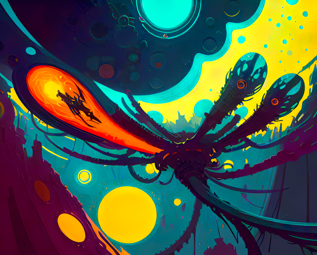 an abstract in comics colors featuring circular spots and an artifact adorned with knob-ended techno-tentacles