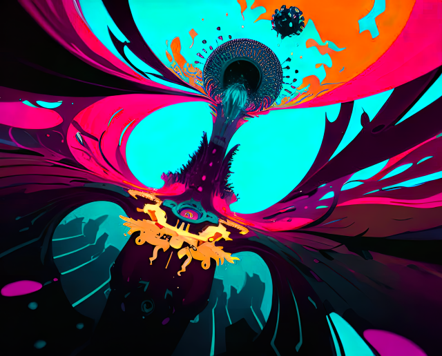 an abstract in comics colors featuring swoopy forms to the left and right and more detail on a central spire, all canted to the right