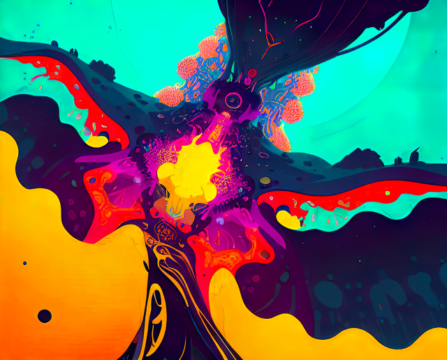an abstract in comics colors reminiscent of an orchid-like flower with landscape elements and a significant amount of central detail