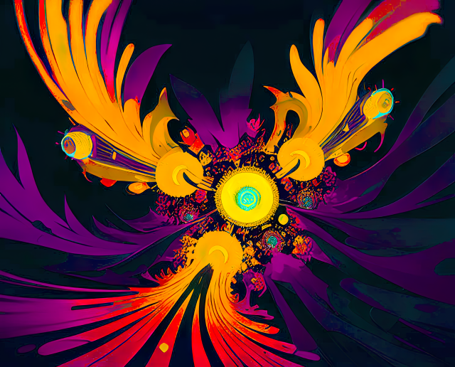 an abstract in comics colors (black and purple and gold with a bit of red) with radiating feathery structures emanating from the center