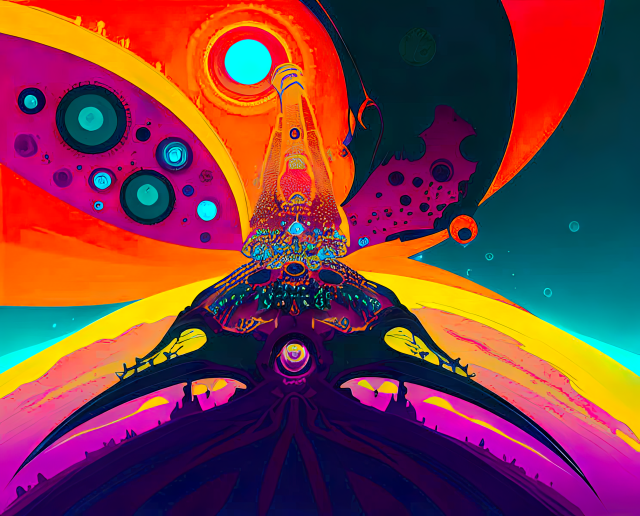 an abstract in comics colors featuring a juncture of two multicolored orbs and an ornate central spire