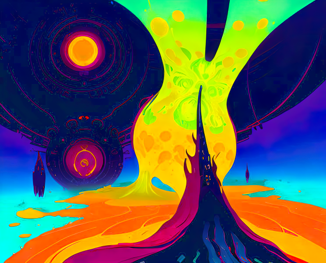 an abstract in comics colors featuring a cosmic landscape and a spiky mountainous edifice, center right