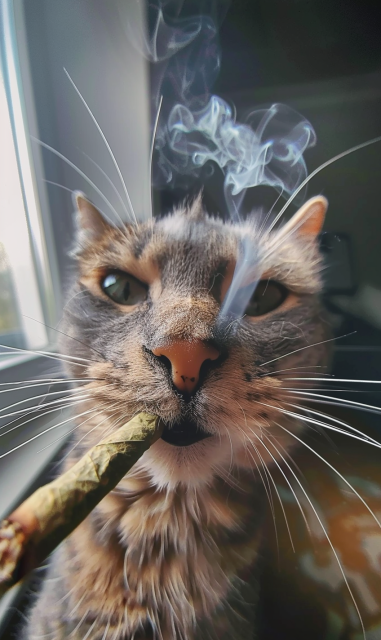 A cat taking a selfie and smoking a joint. The cat is positioned close to the camera, with its face prominently in the foreground. It has a focused and slightly intense expression, with its whiskers and fur clearly visible. The cat is holding a joint in its mouth, and smoke is rising from it, creating swirling patterns in the air. The background includes a window, allowing natural light to illuminate the scene. The overall effect is humorous and anthropomorphic, giving the cat human-like behaviors and expressions.
