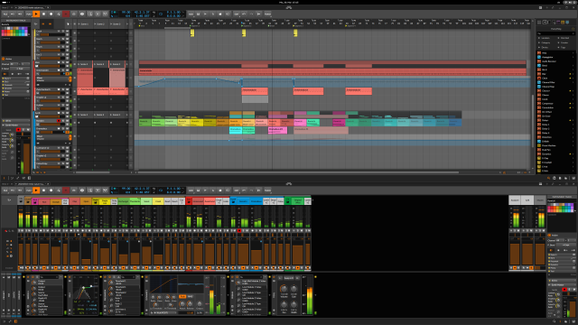 Bitwig Studio running on Linux (Manjaro GNOME) with the Dual Display (Arranger/Mixer) setting on one display. Arranger window on top, mixer window on bottom.
