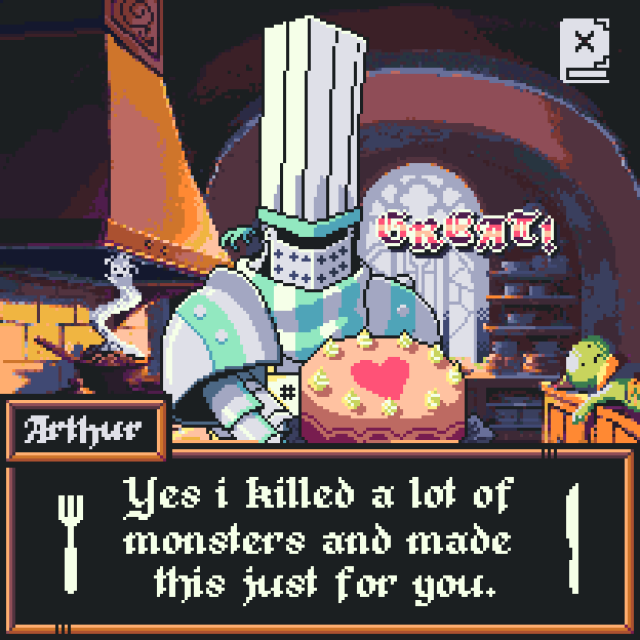 Mock up of a video game, in the center there's a cook knight with a cake, his name is Arthur, he says "Yes i killed a lot of monsters and made this just for you"