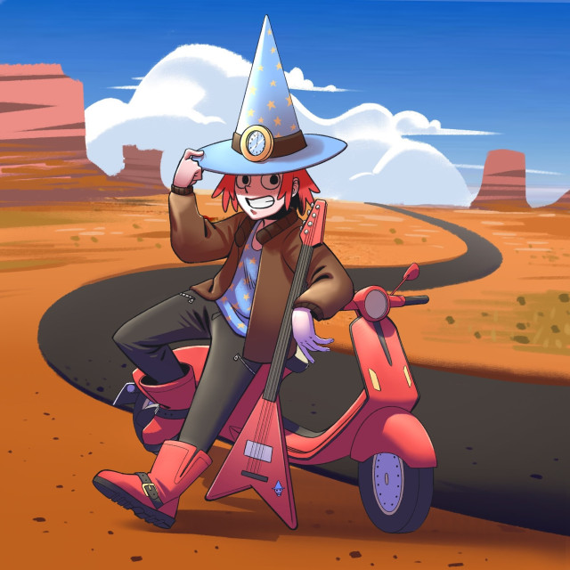 It's a wizard with a guitar and a vespa motor bike, in the background there's a desert and a long road.