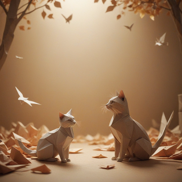 AI generated art
Two origami cats sit in a paper world with origami birds flying about