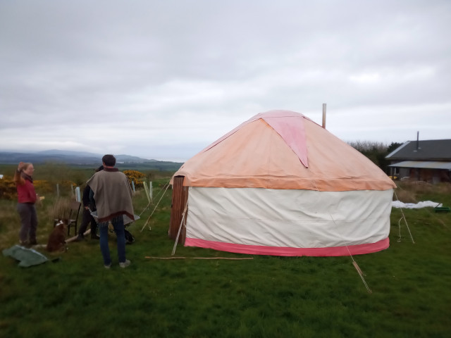 The yurt in which the baby was born this morning. It is a canvas tent, circular in plan with a convex conical roof, about five metres in diameter.  It stands in a tussocky pasture among whin bushes, but with a magnificent view.