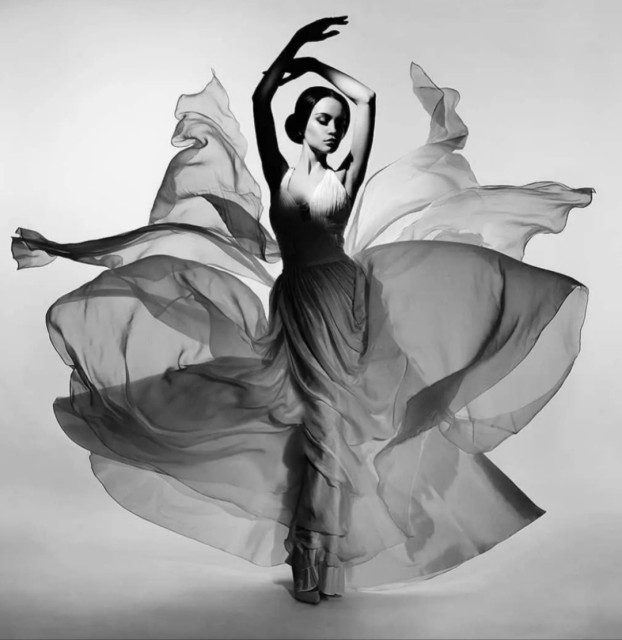 Photography. A black and white photo of a young woman in a flowing white dress. The background is white and shadowy. She has black hair that is styled into a knot. Her arms are raised dramatically like a Spanish dancer. Her partially transparent dress is moved by the wind and surrounds her like a beautiful butterfly.
Info: Model Nadine May