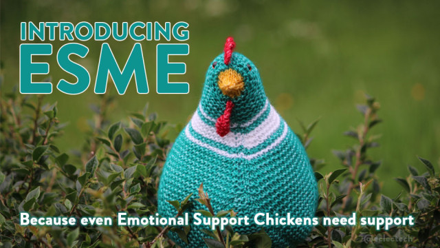 A photo of a teal & white knitted chicken sitting amongst the dark green leaves of a shrub, against a blurred green backdrop. In the top left text reads INTRODUCING ESME, and a strap line along the bottom reads "Because even Emotional Support Chickens need support". Esme was knitted by Sheepnik who is a Very Lovely Person.