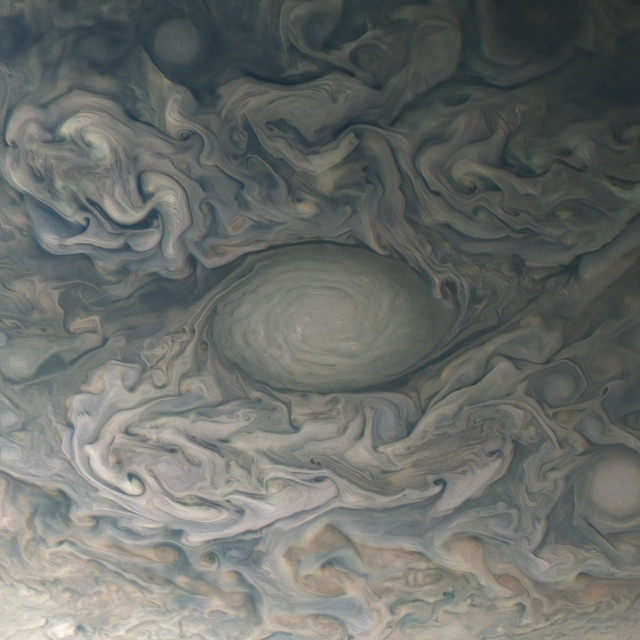 A massive oval storm takes up the center of this square image. The storm is a swirl of gray and tan clouds surrounded by darker, thin clouds and set amidst the swirling, chaotic clouds of the rest of the surface of Jupiter.