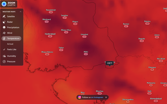 Zoom Earth view of "fells like" tempoeratures in India showing feels like temps of 108 in Hyderabad in the middle of the night