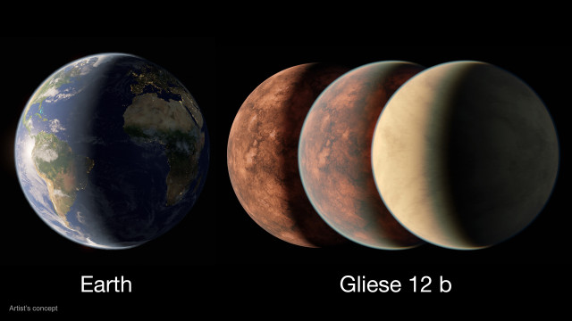 Gliese 12 b’s estimated size may be as large as Earth or slightly smaller — comparable to Venus in our solar system. This artist’s concept compares Earth with different possible Gliese 12 b interpretations, from no atmosphere to a thick Venus-like one. Follow-up observations with NASA’s James Webb Space Telescope will help determine just how much atmosphere the planet retains as well as its composition.

Credit: NASA/JPL-Caltech/R. Hurt (Caltech-IPAC)