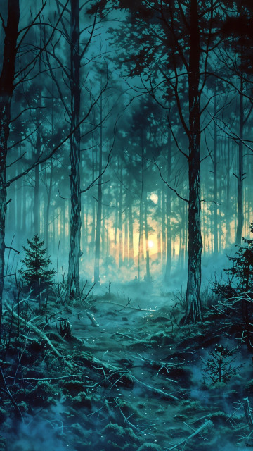A serene and mystical forest scene at twilight or dawn. The forest is dense with tall, slender trees whose branches and foliage create intricate patterns against the dimly lit sky. The ground is covered in moss, fallen leaves, and twigs, with a light mist rising and adding to the ethereal atmosphere.

In the background, the soft glow of the sun or moon is visible, casting a gentle light through the trees and illuminating the mist, creating a dreamlike effect. The overall color palette is dominated by shades of blue and green, which enhances the tranquil and mysterious ambiance of the forest. The scene evokes a sense of calm and wonder, inviting viewers to imagine what secrets or stories the forest might hold.