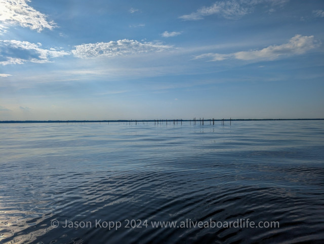 Fish pound on the distance and otherwise calm blue water and a few clouds on the Chesapeake Bay