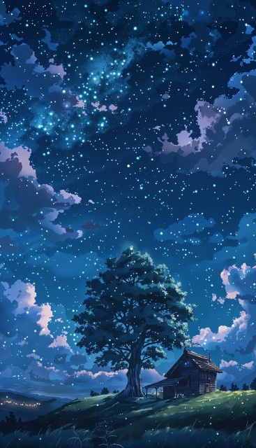 A serene and picturesque nighttime scene. A wooden cabin sits on a gentle hill under a vast, star-filled sky. The sky is dotted with countless stars, creating a mesmerizing celestial display, and there are some clouds illuminated by the starlight, adding depth to the scene.

In the foreground, a large, majestic tree stands next to the cabin, its branches and leaves gently swaying in the night breeze. The cabin, with its rustic charm, has a small porch and is nestled comfortably beneath the protective canopy of the tree.

The horizon shows distant mountains and a few scattered lights from a distant town, adding a sense of scale and peaceful isolation to the setting. The grassy hill is softly lit by the starlight, creating a tranquil and dreamlike atmosphere that invites viewers to imagine the quiet sounds of nature and the calmness of the night.