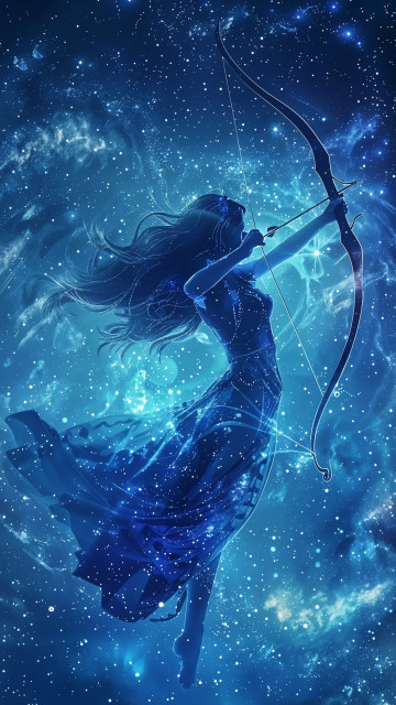 A stunning and ethereal depiction of a celestial archer, possibly representing the zodiac sign Sagittarius. The archer is a graceful female figure, composed of glowing stardust and cosmic elements, blending seamlessly with the star-filled night sky. She is poised in mid-air, drawing a bow with a determined expression, her long hair flowing behind her as if caught in a cosmic wind.

Her dress is made of shimmering blue and white lights, resembling the Milky Way, and her entire form radiates with the luminescence of distant stars and galaxies. The background is a deep, rich blue, dotted with countless stars, nebulae, and cosmic clouds, creating a mesmerizing and otherworldly scene. The overall effect is one of beauty, strength, and serenity, capturing the mystical essence of the cosmos.