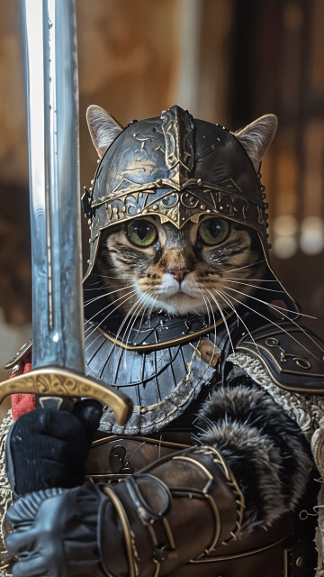 An anthropomorphic cat dressed as a medieval knight. The cat is wearing a detailed suit of armor, complete with a helmet that has intricate designs and allows its ears to poke through. The armor includes a breastplate, shoulder guards, and gauntlets, all adorned with elaborate patterns and decorations. The cat’s large, expressive eyes are visible through the helmet’s visor, giving it a serious and determined look.

The cat is holding a sword with both paws, the blade gleaming and reflecting light. The hilt of the sword is ornate, matching the intricate style of the armor. The background is blurred, suggesting an indoor setting with warm lighting, which highlights the cat’s knightly appearance. The overall scene is a blend of fantasy and whimsy, combining the majestic presence of a knight with the endearing and charismatic nature of a cat.