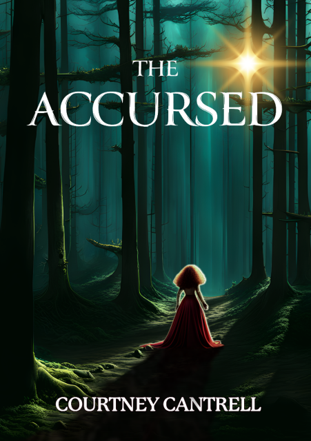 The front cover of THE ACCURSED by Courtney Cantrell:
We see a deep forest of dark greens and muted blues, populated by tall, straight trees. Patches of light reveal a mossy forest floor and tree roots. A bumpy, earthen path extends from the bottom left corner generally toward the center and is lost among the trees.
In the lower half of the image, a girl with long, frizzy, reddish hair stands on the path. She is wearing a long-sleeved off-white blouse and a long maroon skirt. She has her back to the viewer. In the top right corner of the image shines an impossible yellow star that illuminates only the girl.
The title is in off-white Canto Brush font, located near the top of the image. The author's name is in off-white P22 Mackinac Pro font, located at the bottom of the image.