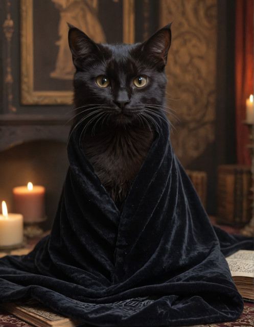 A black cat, wrapped in a dark velvet cloth, sits elegantly with glowing golden eyes. The background features an ornate setting with lit candles, evoking a mystical and gothic atmosphere.