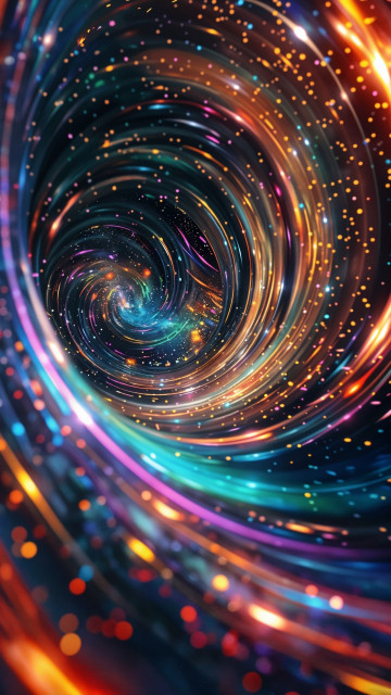 A stunning, swirling vortex that appears to be a wormhole or a tunnel through space. The vortex is composed of vibrant, multicolored lights and energy streams, creating a sense of dynamic motion and depth. The colors range from bright oranges and yellows to deep blues and purples, blending seamlessly to create a mesmerizing and otherworldly effect.

Tiny specks of light, resembling stars or particles, are scattered throughout the vortex, adding to the cosmic feel of the scene. The center of the vortex seems to draw the viewer’s eye inward, suggesting a passage to another dimension or universe. The overall impression is one of awe and fascination, capturing the beauty and mystery of the cosmos in a visually striking way.