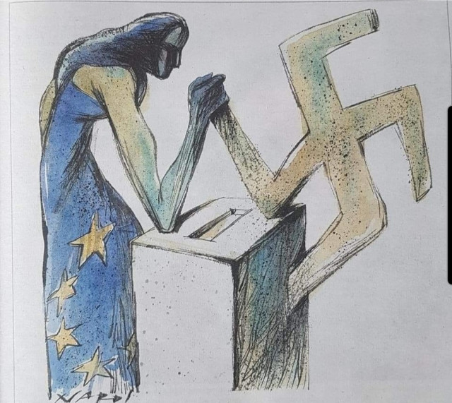 Eine Wahlurne

Darüber ein Europe in Form einer menschlichen Person, umschlungen von der Europaflagge macht Armdrücken gegen ein Hakenkreuz. 