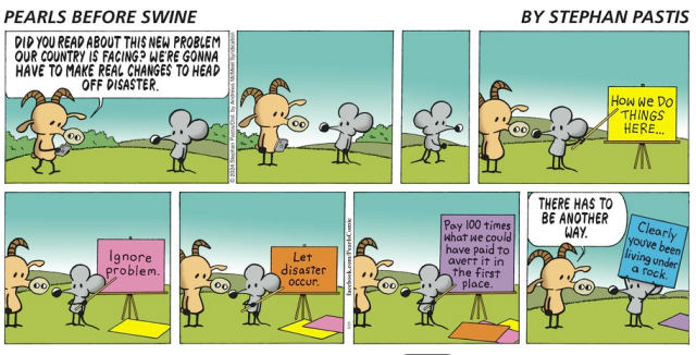 Pearls Before Swine comic strip

First box: goat talks to rat: "Did you read about the new problem our country is facing? We're gonna have to make real changes to head off disaster."

Second box: rat looks at goat

Third box: rat walks over to a sign

Fourth box: rat points at sign: "HOW WE DO THINGS HERE..."

Fifth box: rat points at sign "Ignore problem"

6th box: rat points at sign "Let disaster occur"

7th box: rat points at sign: "Pay 100 times what we could have paid to avert it in the first place."

8th box: Goat: "THERE HAS TO BE ANOTHER WAY" Rat holds up sign: "Clearly you've been living under a rock."