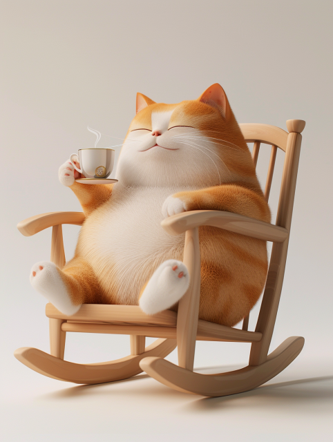 A charming and whimsical illustration of a cute, chubby, and fluffy orange-and-white cat. The cat has a contented expression on its face, eyes closed in a blissful smile, and is comfortably seated in a wooden rocking chair. It is holding a small teacup with a saucer, and a wisp of steam rises from the cup, suggesting it contains a warm beverage.

The overall scene conveys a sense of relaxation and satisfaction, as the cat enjoys its cozy moment. The background is simple and clean, keeping the focus on the adorable cat and its serene, delightful ambiance.