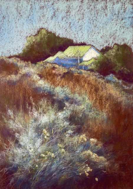 A vertical landscape painting of a hill covered with rabbitbrush. Over the hill, there's a barn-like building with light green roof. Textured.