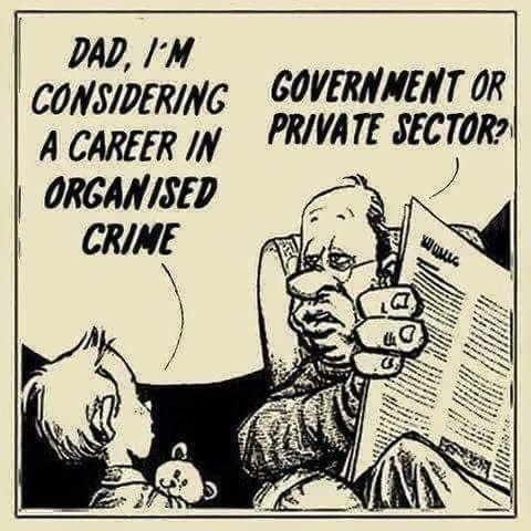 A comic shows a child telling their father, "Dad, I'm considering a career in organised crime." The father, reading a newspaper, responds, "Government or private sector?"