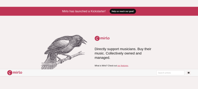 Screenshot of Mirlo’s homepage showing a black-and-white drawing of a bird to the left, and on the right saying, “mirlo — Directly support musicians. Buy their music. Collectively owned and managed.”