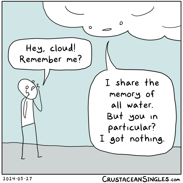 A person calls up at a cloud, "Hey, cloud! Remember me?" The cloud replies, "I share the memory of all water. But you in particular? I got nothing."