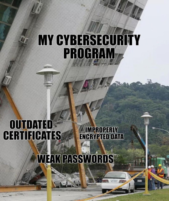 A building that is leaving to the side with polls holding it up, it is labeled “My Cybersecurity Program”

Polls labeled “outdated certificates”, “weak passwords”, “improper encrypted data”