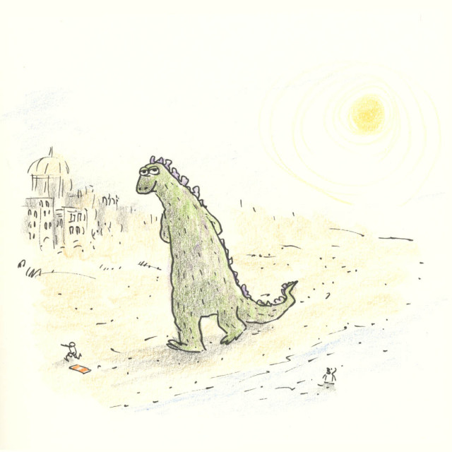 A cartoon illustration of Godzilla taking a pleasant walk along the beach.