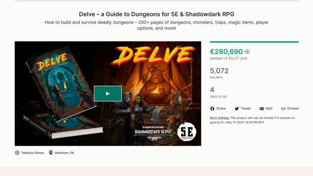 Kickstarter campaign page for Delve: A Guide to Dungeons for 5e and Shadowdark RPG by Bob World Builder. It has raised more than $300,000 from over 5,000 backers.
