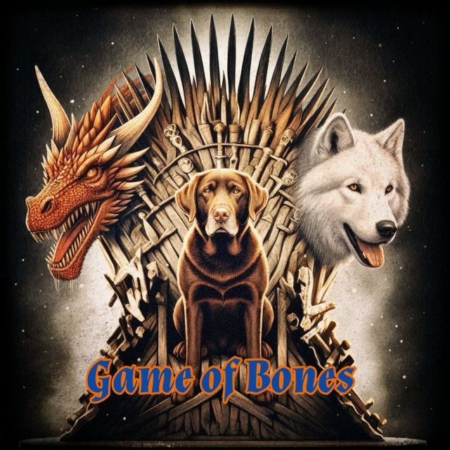 A chocolate brown Labrador with greying snout sitting on the Iron Throne. To the left a dragon, to the right a white wolf. In front the text "Game of Bones".