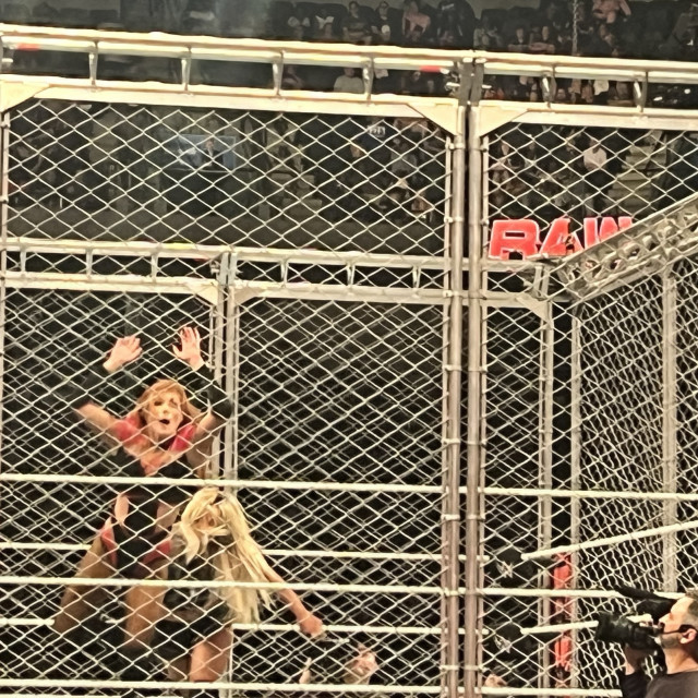 An intense moment during the main event of WWE Raw, featuring Becky Lynch being launched into the steel cage by WWE Women’s Champion Liv Morgan. The scene is viewed through the mesh of the steel cage, emphasizing the brutality and confinement of the match.

Becky Lynch is seen against the cage, her expression showing the impact of the move. Liv Morgan is positioned slightly lower, having just delivered the forceful throw. The background shows the crowd in the arena, watching the action with great anticipation, and the “RAW” logo is visible, indicating the event.

The overall atmosphere is charged with excitement and intensity, reflecting the high-stakes nature of the match and the physical prowess of both wrestlers. The presence of the cameraman in the corner captures the importance of documenting every dramatic moment for the live broadcast.