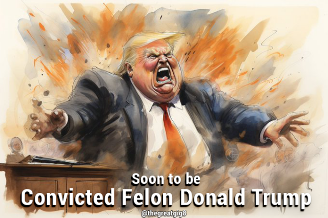 Trump exploding in a courtroom sketch. Text reads
"Soon to be Convicted Felon Donald Trump" 
AI prompt art by @thegreatgig8