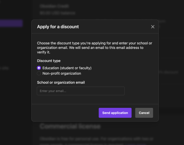 Screenshot showing how to apply for Obsidian educational discount
