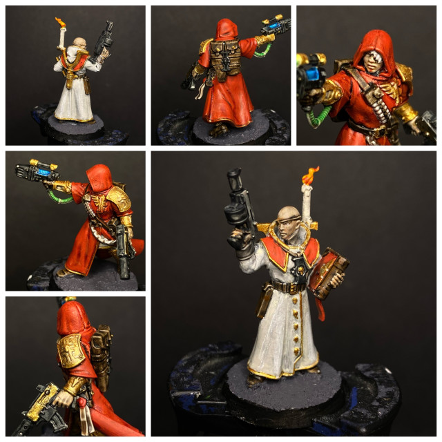 Collection of intricately painted miniature figures, featuring sci-fi robed characters with weapons and accessories.