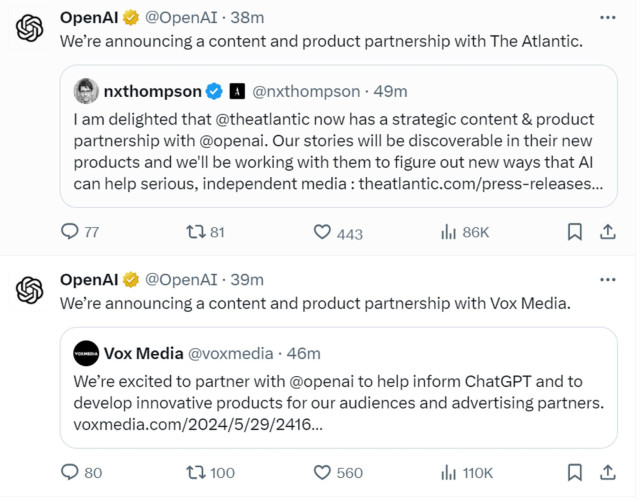 OpenAI anouncing their partnerships with The Atlantic and Vox Media on Twitter