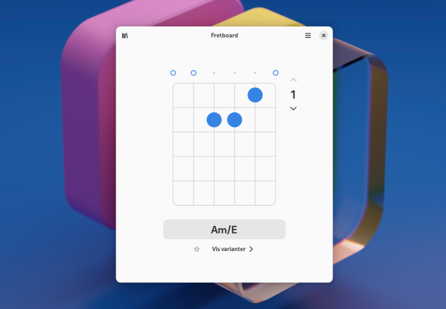 Screenshot of the app Fretboard, displayed on an abstract blue desktop background. The window is mostly filled by a chord diagram displaying the chord Am/E. The name of the chord is shown below.