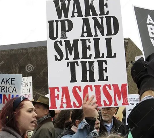 photo of protest with person holding a sign that reads WAKE UP AND SMELL THE FASCISM