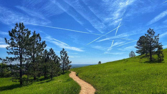A gravel hiking path winds through a grassy meadow, with a few pine trees on either side. In the mostly sunny skies above just a few thin, wispy clouds and several contrails from planes. Three of the contrails cross in a giant “A” shape that resembles the Apple App store icon.