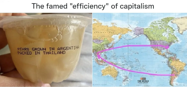 Two panels, one heading: The famed "efficiency" of capitalism" illustrated by a sealed translucent plastic container labeled Pears grown in Argentina, packed in Thailand. This product is then shipped, as shown by the world map, back to the US for consumption & disposal of the packaging, with waste, exploitation, & pollution at every step of the 1000s of miles of its journey.
