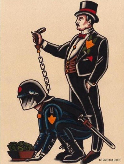 A wealthy man in a top hap and fancy suit holds the leash attached to a crouching man in a police uniform, helmet, and boots, his hands on the ground where between them is a bowl of money.