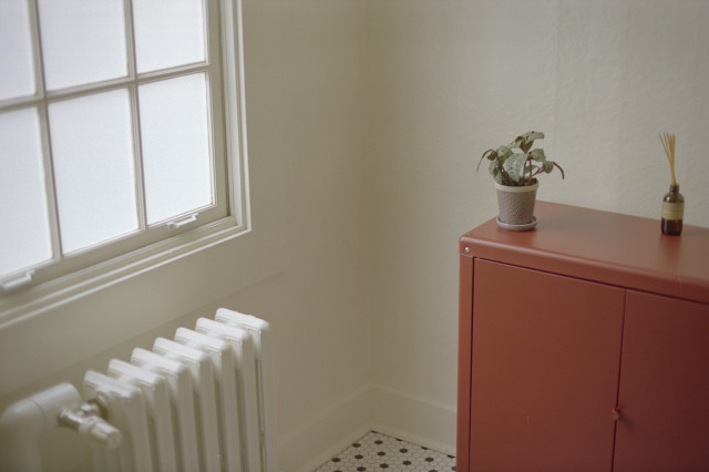 A corner of a room with white walls and black and white floor tiles. A paned window with frosted glass illuminates a bright red cabinet, on top of which is a little potted plant and an oil diffuser.