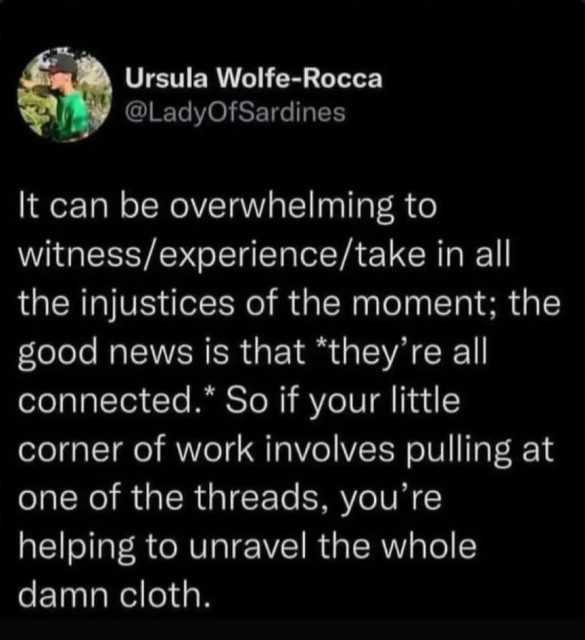It can be overwhelming to witness experience taken all the injustices of the moment. The good news is that they’re all connected so if you are a little corner of work involves pulling at one of the threads you’re helping to unravel the whole damn cloth