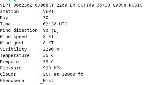 METAR for VEPT, 35C and 33C dewpoint